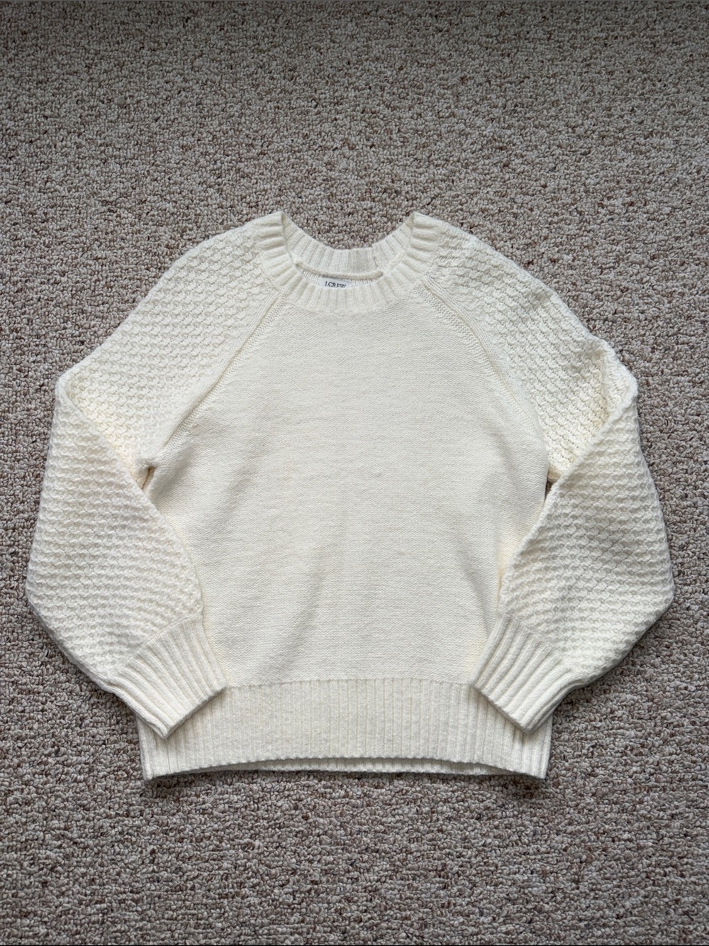 J. Crew Ivory Crewneck Sweater with Textured Raglan Sleeves